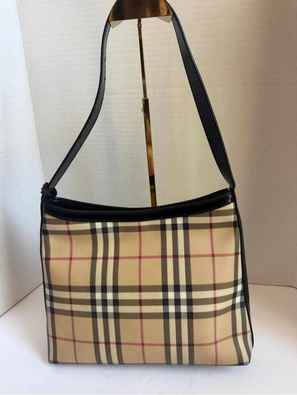 Burberry Beige Check Shoulder Bag with Black Trim